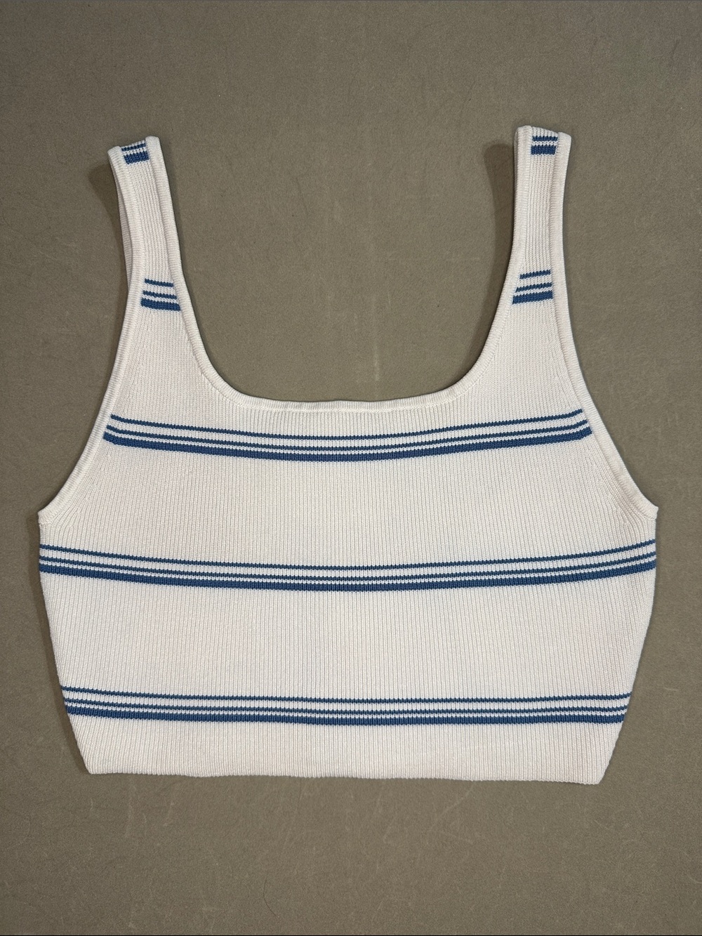 Babaton Women’s White Ribbed Tank Top with Blue Stripes M